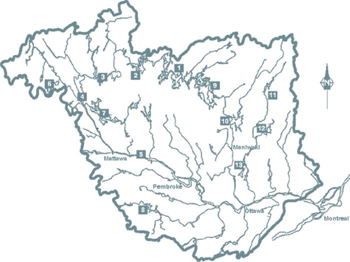 A map of the Ottawa river basin with the thirteen location markers of where the thirteen principal reservoirs are located.