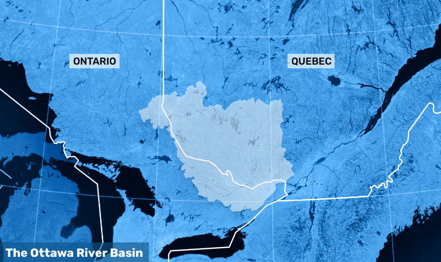 The picture shows a map of the Ottawa River Basin boundary. The Ottawa River Basin is located within two provincial boundary, Quebec and Ontario. The picture also shows the water bodies nearby such as the Great Lakes.